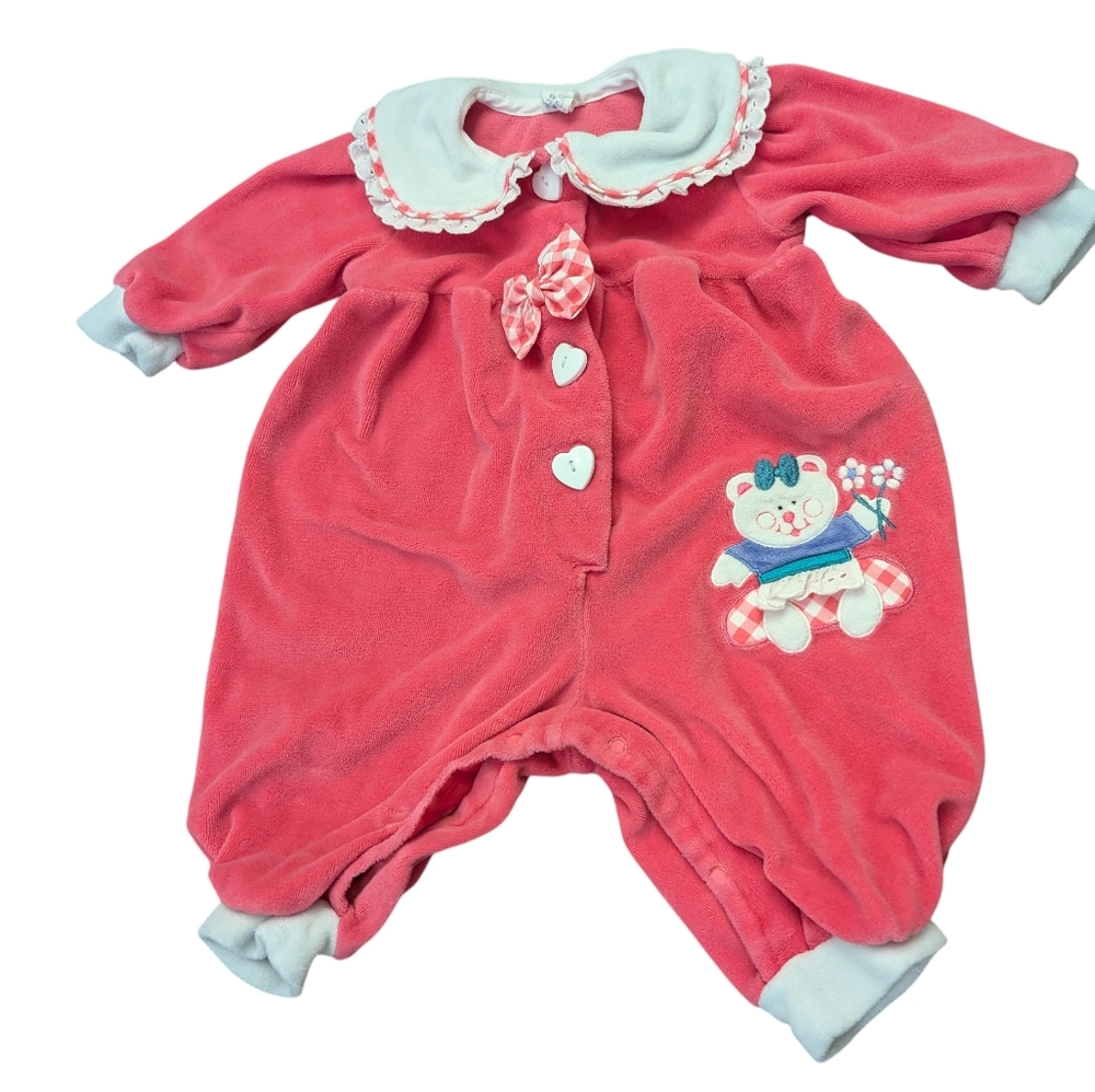 Vintage Pink Velour Romper Baby One Piece Bear On Swing Design 6/9 Months